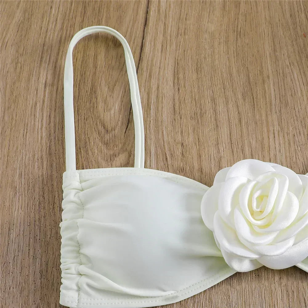 Flower Bandeau Swimwear Thong Bikini Women Lace-up Swimsuits Swimming Bathing Suit Brazilian Bikinis Set Mujer Biquini