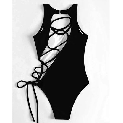 Solid High Cut Swimwear Women Backless Cross Hollow Tied One Piece Swimsuit Monokini Beach Bathing Suit