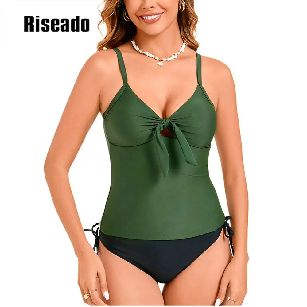 2 Piece Bikini Set Women's Tankini Swimsuits Cut Out Knot Front Tankini Top with Low Waisted Bottom Tummy Control Bathing Suit