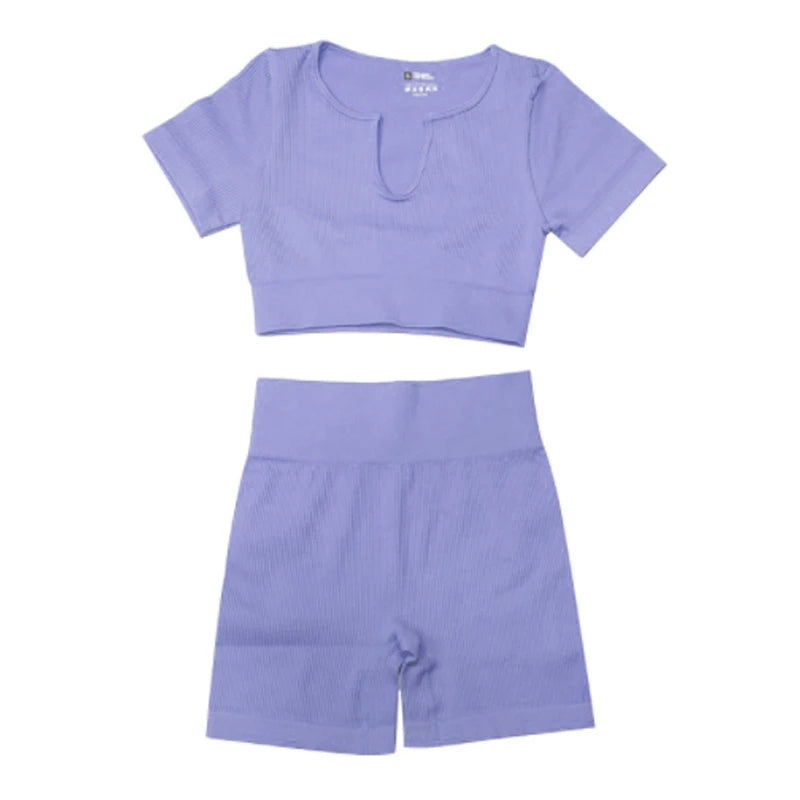Ribbed Yoga Clothing Sets Women High Waist Shorts Short Sleeve Two Piece Set Seamless Tracksuit Fitness Workout Outfits Gym Wear
