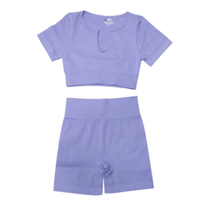 Ribbed Yoga Clothing Sets Women High Waist Shorts Short Sleeve Two Piece Set Seamless Tracksuit Fitness Workout Outfits Gym Wear