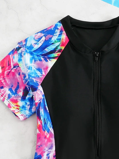 One Piece Kids Girls Swimsuit Black Print Short Sleeve Children Swimwear Summer Monokini Beach Bathing Suits Swimming