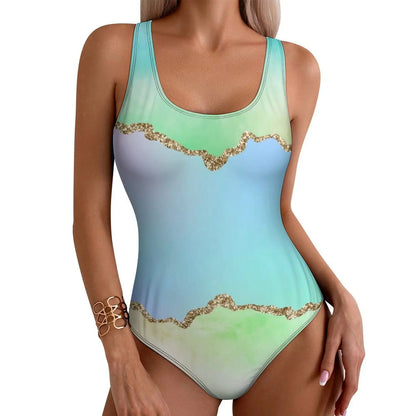 Texture Ombre Swimsuit Purple And Green Glitter Print One Piece Swimwear Push Up Fashion Bathing Suit Holiday Design Swimsuits