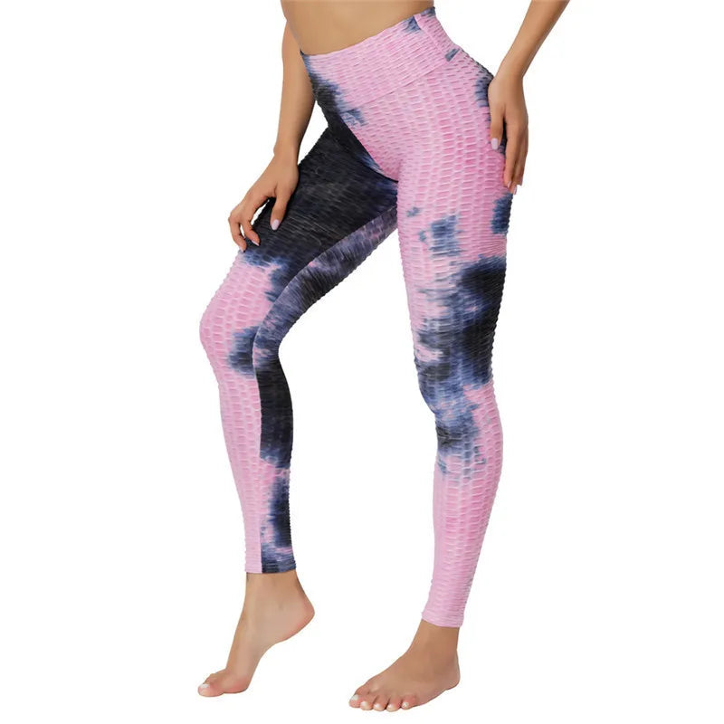 Women's Yoga Pants for Fitness Hip Lifting High Waist Bodybuilding Tight Fitting Jacquard Tie Dye Bubble Pants Leggings