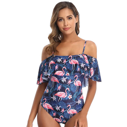 Ruffled Off Shoulder Swimwear Women One Piece Swimsuit Backless Printed Monokini Bodysuit Beachwear Bathing Suit Plus Size XXL