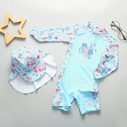 UPF50 Girls Swimwear Long Sleeves Floral Baby Swimsuit UV Protection Children's Swimming Suit Beach Summer Toddler Bathing Suit