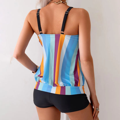 Women Colorful Vertical Swimwear Print Belly Covering Slimming Suspender Tankini Two Piece Conservative Swimsuit