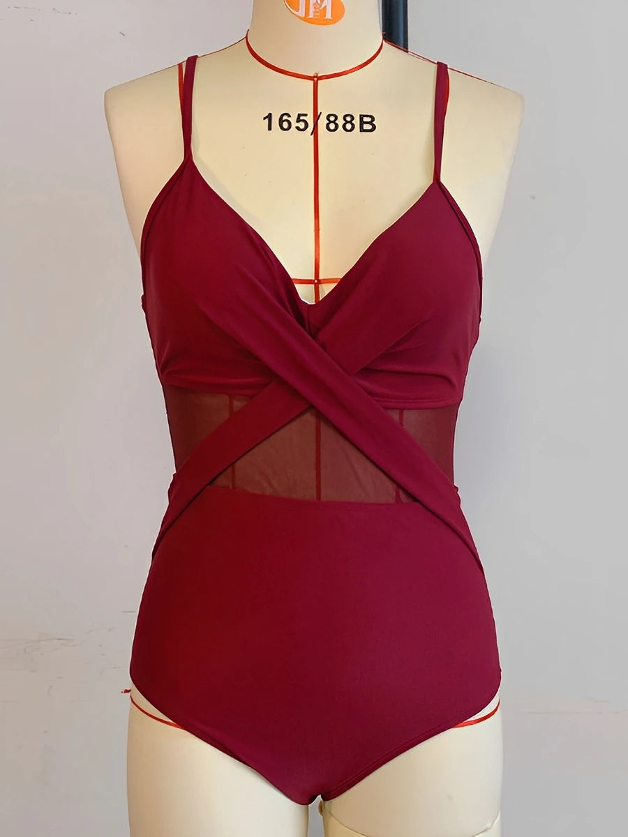 Vintage Strappy Swimsuit Women One Piece Solid Mesh Swimwear Female Bathers Bathing Swimming Swim Suit Beachwear XXL