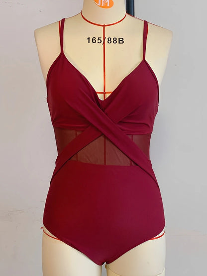Vintage Strappy Swimsuit Women One Piece Solid Mesh Swimwear Female Bathers Bathing Swimming Swim Suit Beachwear XXL