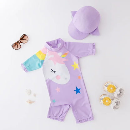 UV Baby Boy Swimsuit One Piece Swimming Jumpsuit Ruffles Bathing Suit SPF 50 Long Sleeve Kids Swimwear for Girls 1-7 Years