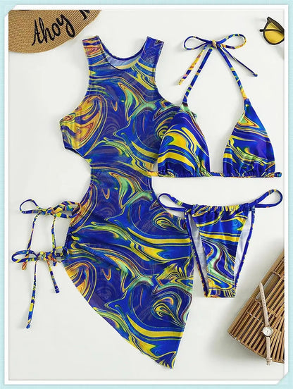 3 Piece Print Halter Triangle Bikini Sets Women Cover Up Swimwear Summer Swimsuit Female Bathing Swimming Suit Beachwear