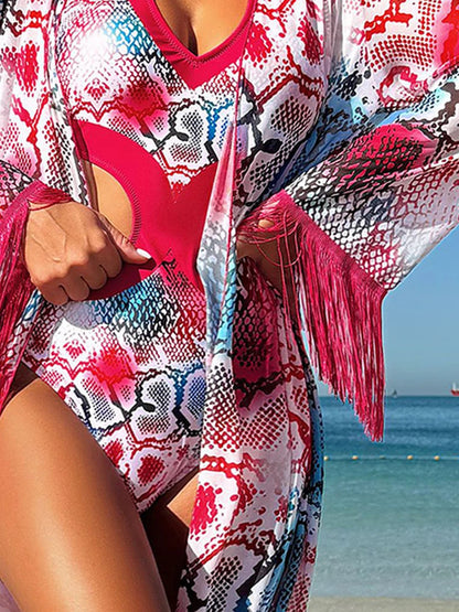 Halter Printed Monikini Women Swimsuit One Piece With Kimono Swimwear Female Bathers Bathing Swimming Suit Beachwear