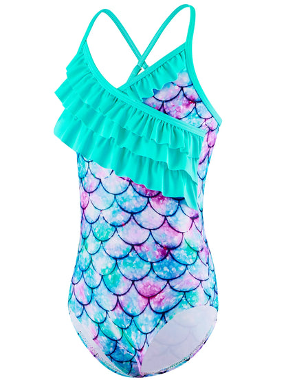 One-Piece Swimsuit Bikini Cut Ruffle Frill Swimwear Kids Girl Shimmering Scale Printed Thin strap Cross back Summer Swimming Suit