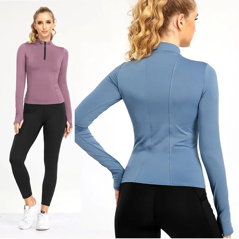 Long Sleeve Yoga Shirt with Half Zip Slim Waist Line Sports Shirts Fashion Half Zipper Thumb Hole Soft Light Gym Tops