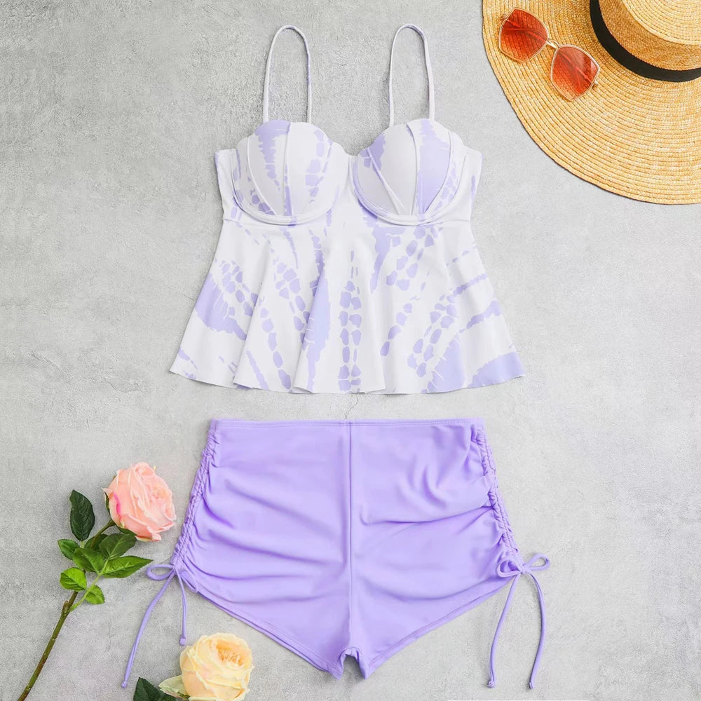 Shell Hard Wrapped Front Tankini Set Women Swimsuit Drawstring Bottom Two-Piece Suit Black/Malachite Blue/Violet