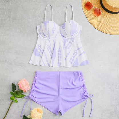 Shell Hard Wrapped Front Tankini Set Women Swimsuit Drawstring Bottom Two-Piece Suit Black/Malachite Blue/Violet
