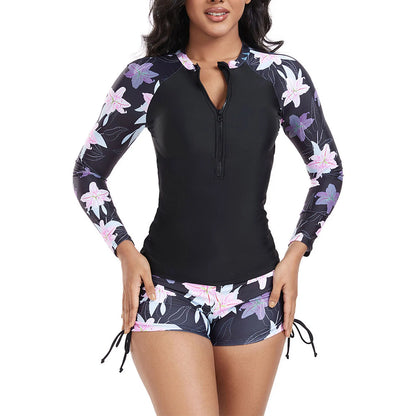 Womens Swim Sets Floral Print Rash Guard Swimsuit Long Sleeve Top and Side Drawstring Boyshort Shorts Beach Diving Bathing Suit