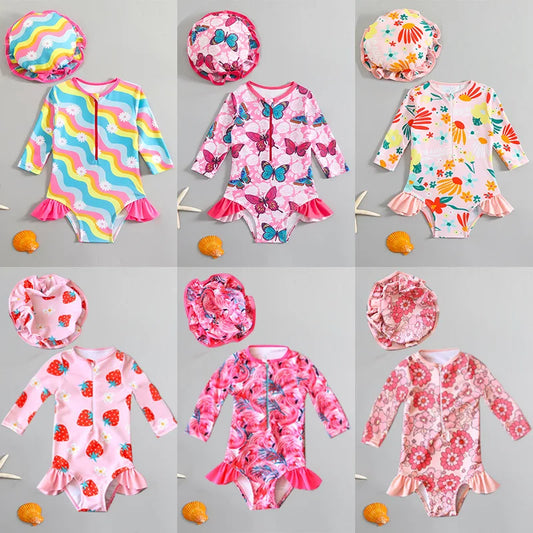 Kids Long-Sleeve Swimsuit Set with Swimming Cap Cartoon Print Girls Bikinis Ruffle Design UV Protection One-Piece Beach Swimwear
