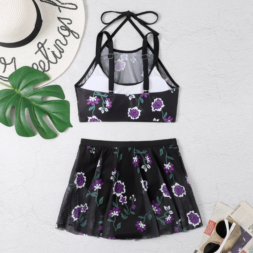Floral Printed Two Pieces Swimsuit Women  Halter Swimwear Skirt Female Bathers Bathing Swimming Suit Beachwear Summer