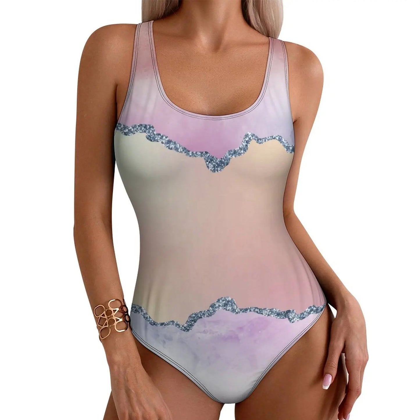 Texture Ombre Swimsuit Purple And Green Glitter Print One Piece Swimwear Push Up Fashion Bathing Suit Holiday Design Swimsuits
