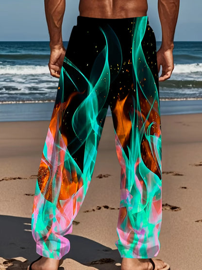 Men's Casual Pants Dynamic 3D Flame Print Straight Leg Casual Pants Waist Retro Style Street Wear