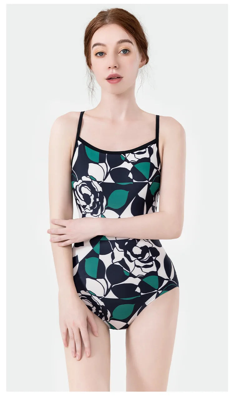 Women Vintage Racing One-piece Swimwear Sun Protection Professional Competition Flower Printed Swimsuit Training Bikini
