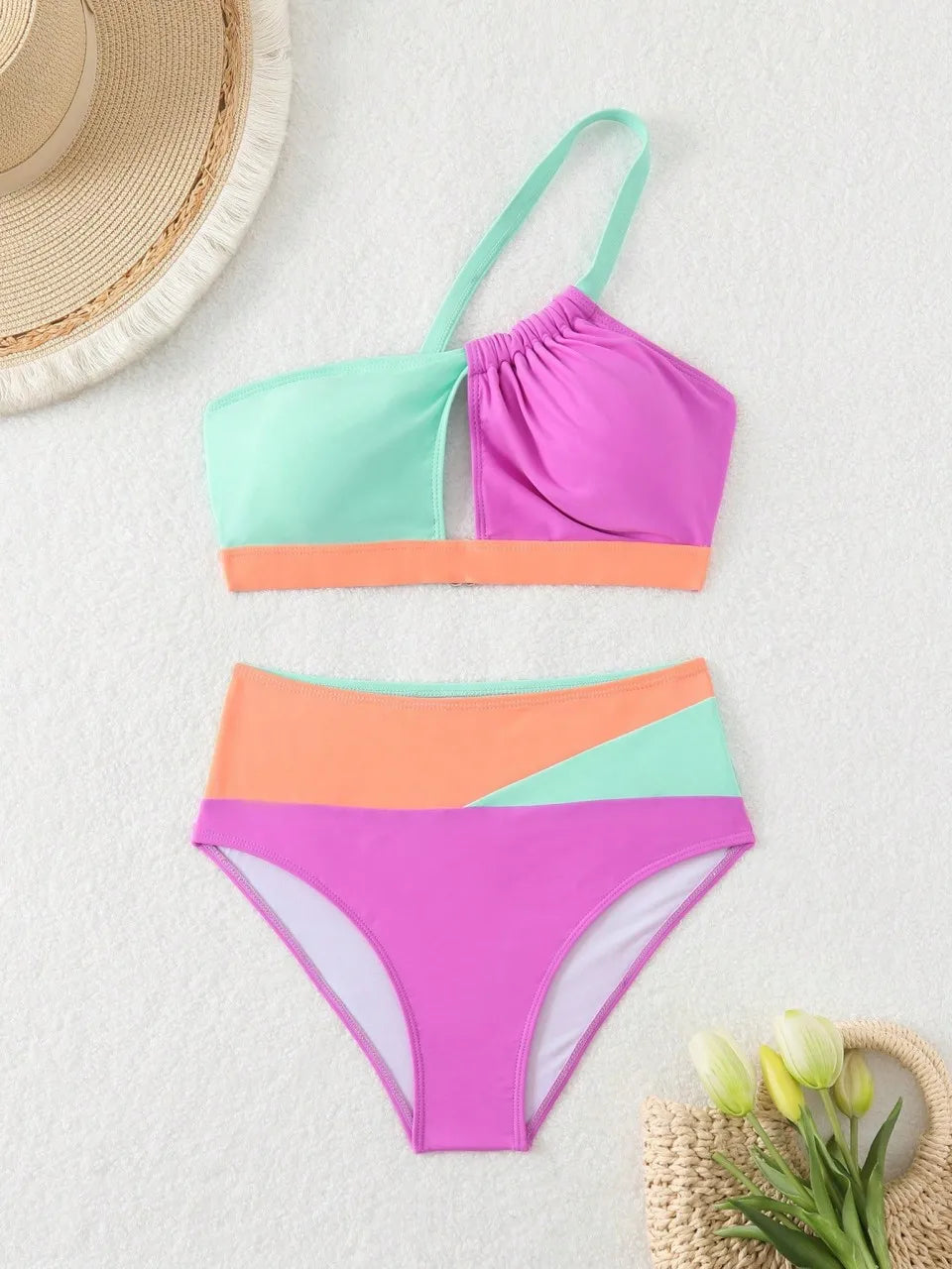 One Shoulder Color Block Bikinis Triangle Swimwear Female Hollow Swimsuit Women Bathers Bathing Swimming Suit Beachwear