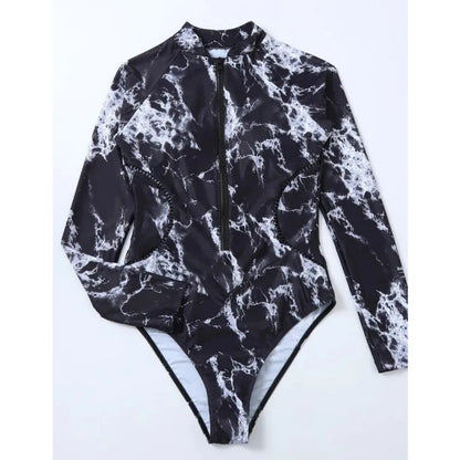 Summer Print Zipper One Piece Swimsuit Closed Long Sleeve Swimwear Sports Surfing Women's Swimming Bathing Suit Beach Bather