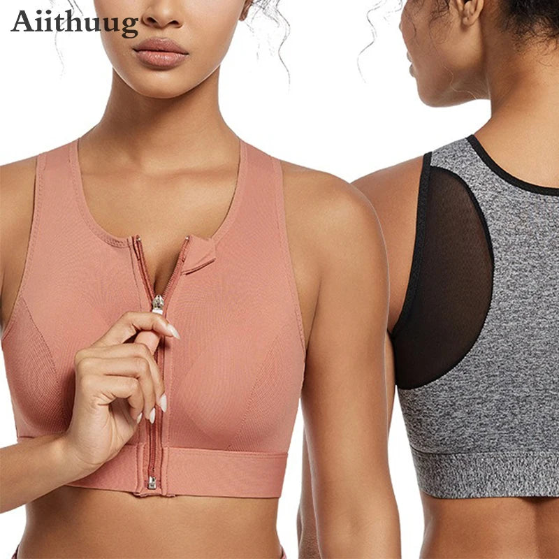 Women's Shockproof Gathered Front Zipper Yoga Bra With Padded Cup Wireless I-shaped Back With Mesh Running Sports Vest