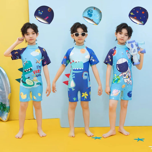 Children's Swimsuit Boys Small and Large Kids One-piece Cartoon Swimsuit Student Hot Spring Quick-drying Swimwear with Cap