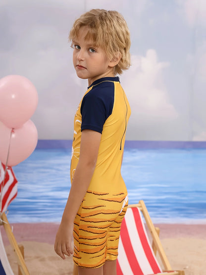 Tiger Children's One-piece Swimsuit, Children's Short-sleeve Zip-up Swimsuit, Cartoon Pattern Quick-drying Surfing Suit