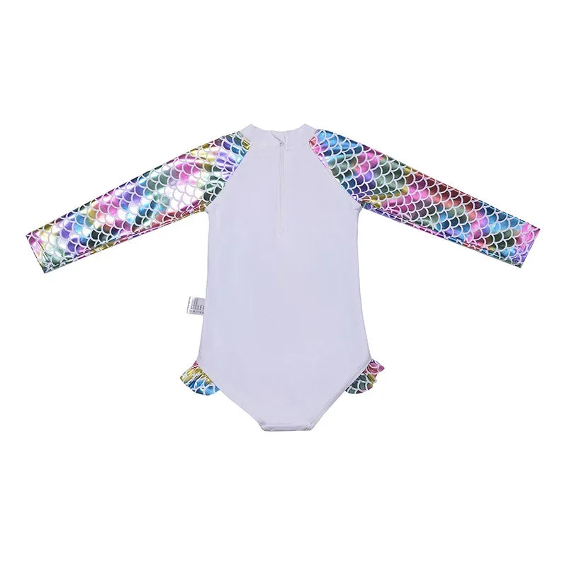 Children's Swimsuit Baby Girls Mermaid Long Sleeve One-Piece Swimsuit Princess Cartoon Girl Swimwear for Hot Spring