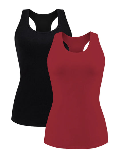 Attraco Women's Camisole 2PCS Cotton Solid with Build-in Shelf Bra Tank Tops U-Neck Soft Breathable Basic Sleepwear