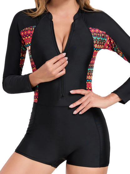 Rush Guard Long Sleeve Surfing Swimsuit Slim Women With Zipper Swimwear Female Bathers Bathing Swim Suit Printed Beachwear
