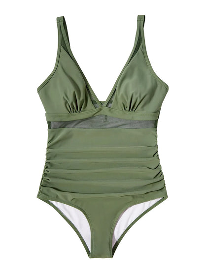 Mesh Panel Swimsuit One Piece High Cut Swimwear Women Solid Bathers Bathing Suit Female Backless Swimming Beachwear