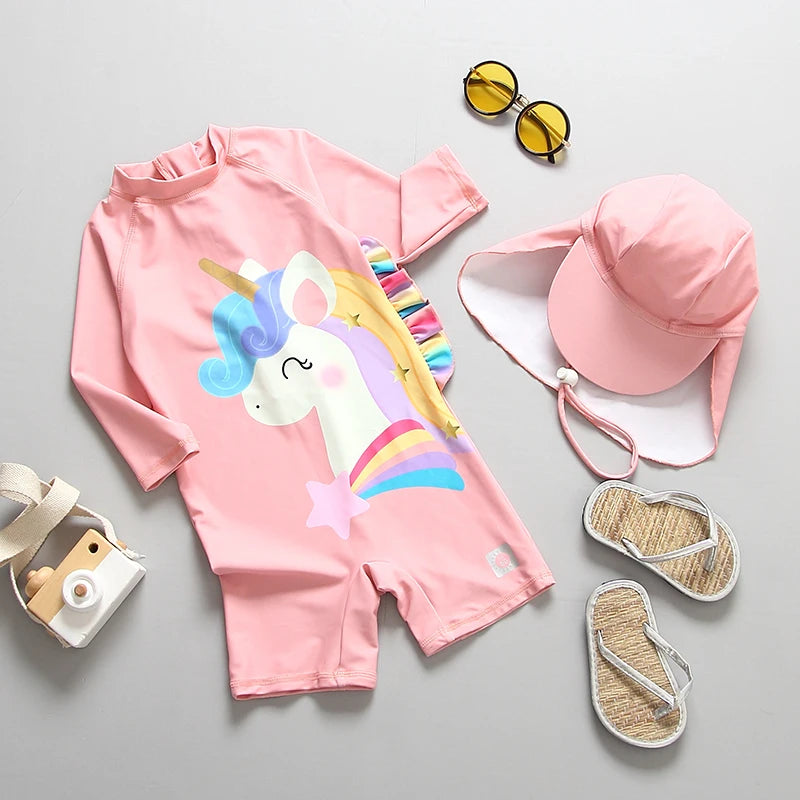 Baby Swimsuit UPF50 UV Protection Kids Swimwear for Girls Long Sleeve Bathing Suit Toddler One-Piece Cartoon Infant Beachwear