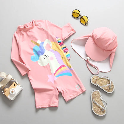 Baby Swimsuit UPF50 UV Protection Kids Swimwear for Girls Long Sleeve Bathing Suit Toddler One-Piece Cartoon Infant Beachwear