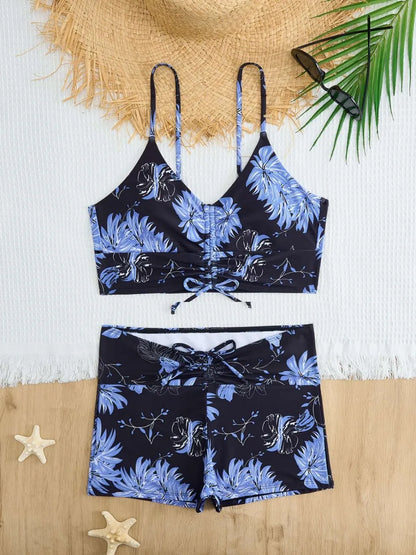 High Waist Bikini Swimsuit Women Floral Print Drawstring Front Shorts Swimwear Trunks Pool Bathing Suit Padded Beachwear