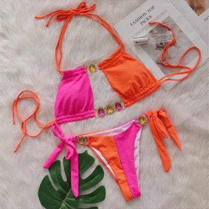 8 Colors Diamond Rhinestones Splicing Bikini Women Swimwear Female Swimsuit Two-pieces Bikini set Bather Bathing Suit Swim