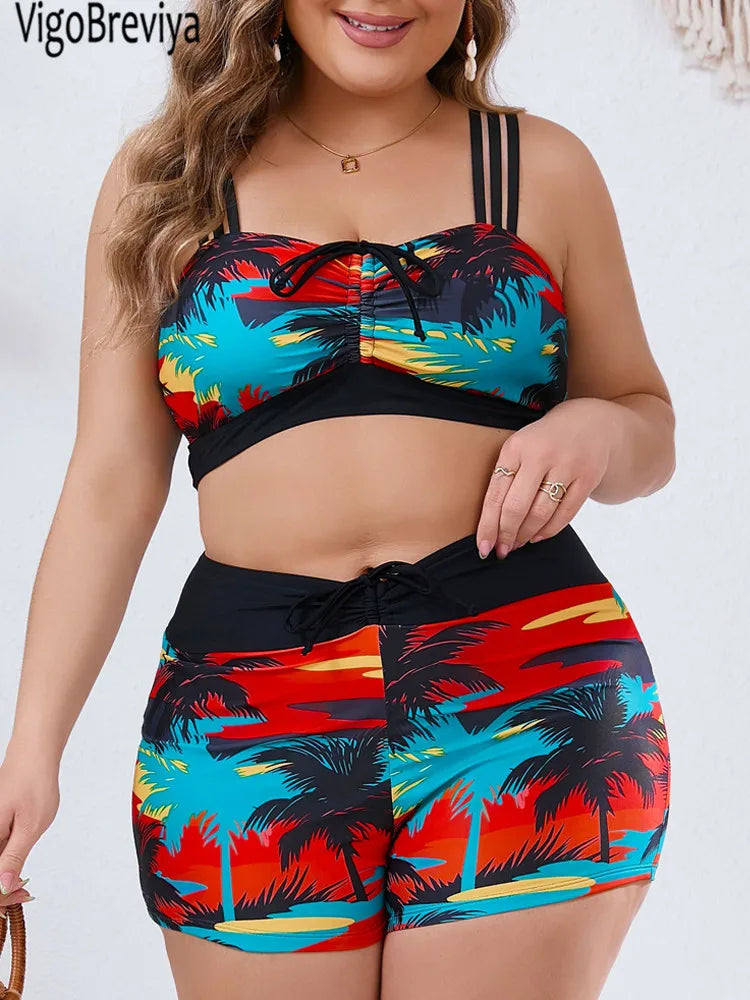 Print Strapped 2 Piece Plus Size Bikini Women High Waist Curvy Swimsuit Brazilian Lady Beach Big Bathing Suit