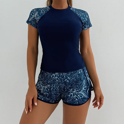 Rash Guard Swimsuit for Women 2 Piece Swimsuit High Waist Tankini Short Sleeve Round Neck Patchwork Bikini Set Swimwear