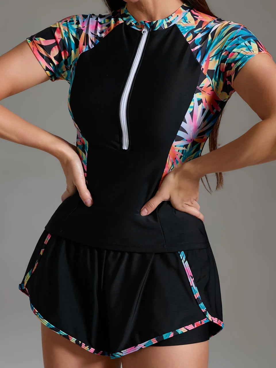 Women Sporty Swimsuit Two Piece Zipper Print Swimwear Female Surfing Diving Clothes Bathers Bathing Swimming Swim Suit