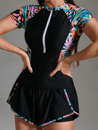 Women Sporty Swimsuit Two Piece Zipper Print Swimwear Female Surfing Diving Clothes Bathers Bathing Swimming Swim Suit