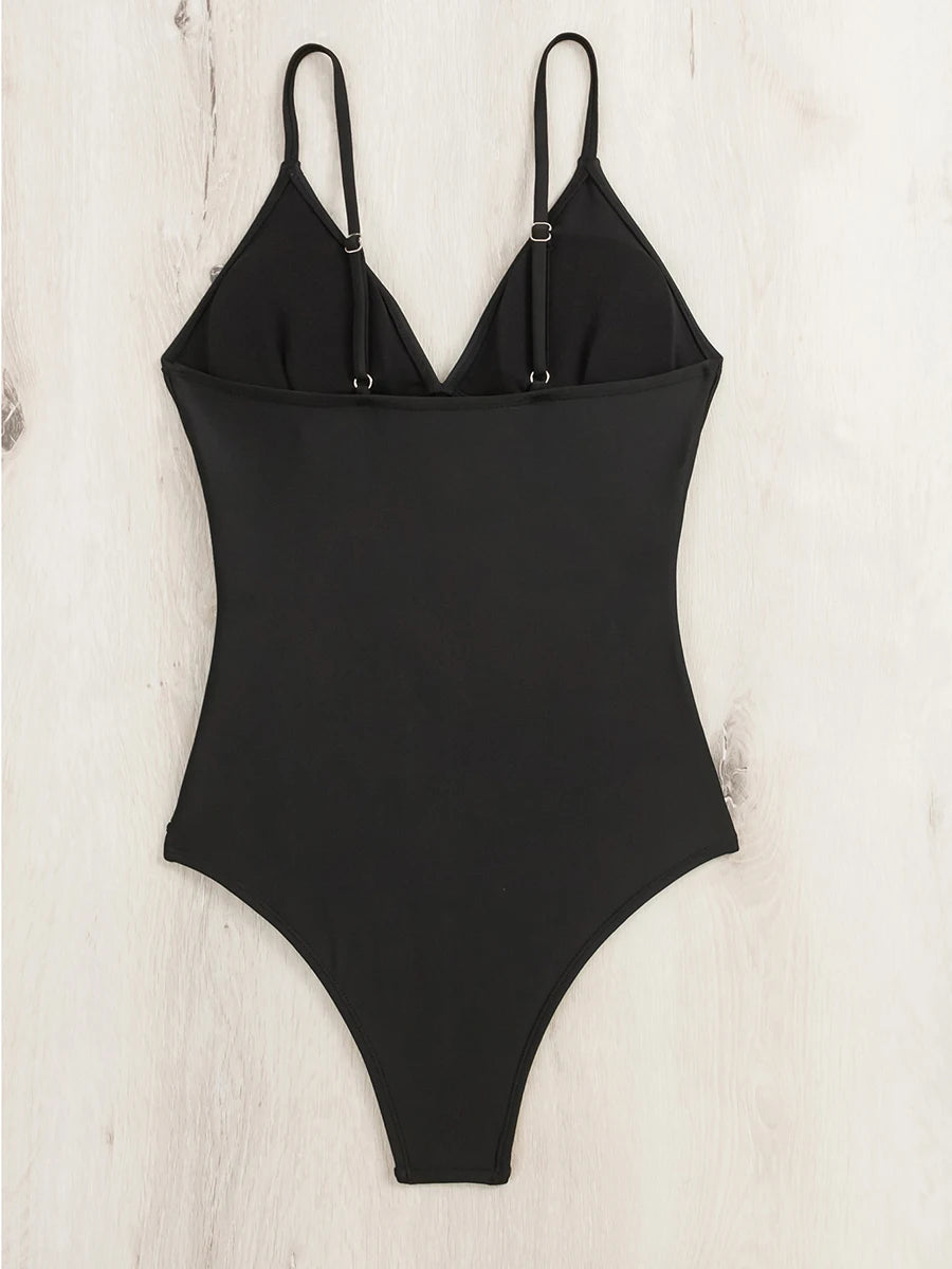 V Neck Ruffle Swimsuit Women One Piece Solid Swimwear Female Bodysuit Bathers Bathing Swimming Suit Summer Beachwear