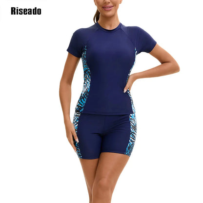 2 Piece Tankini Set High Waist Swimsuit Short Sleeve Rash Guard for Women Mock Neck Zipper Short Sleeve Bathing Suit