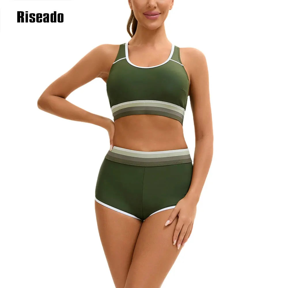 Women Color Block Athletic Two Piece Bathing Suits Sports Mid Waisted Swimsuits Girls Crop Top Tankini Sets
