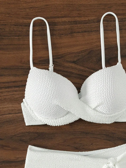 Ribbed White Strappy Bikinis High Waist Swimsuit Women Push Up Swimwear Female Bathers Bathing Swimming Suit Beachwear Summer
