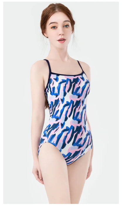 Women Vintage Racing One-piece Swimwear Sun Protection Professional Competition Flower Printed Swimsuit Training Bikini