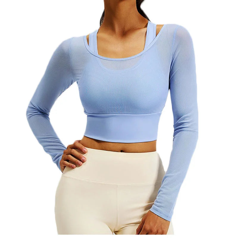 Women's Long-Sleeve Mesh Gym Crop Top with Padded Bra