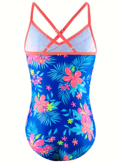 One-Piece Swimsuit Girls Floral Print Asymmetrical Cascading Ruffles Summer Cross Strap Backless Swimwear Bikini-Cut Swim Suit